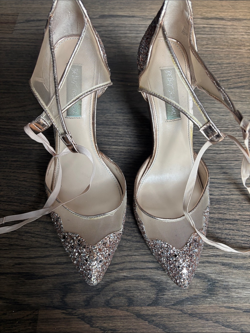 Betsey Johnson Rose Gold Glitter Pointed-Toe Ankle Tie Heels